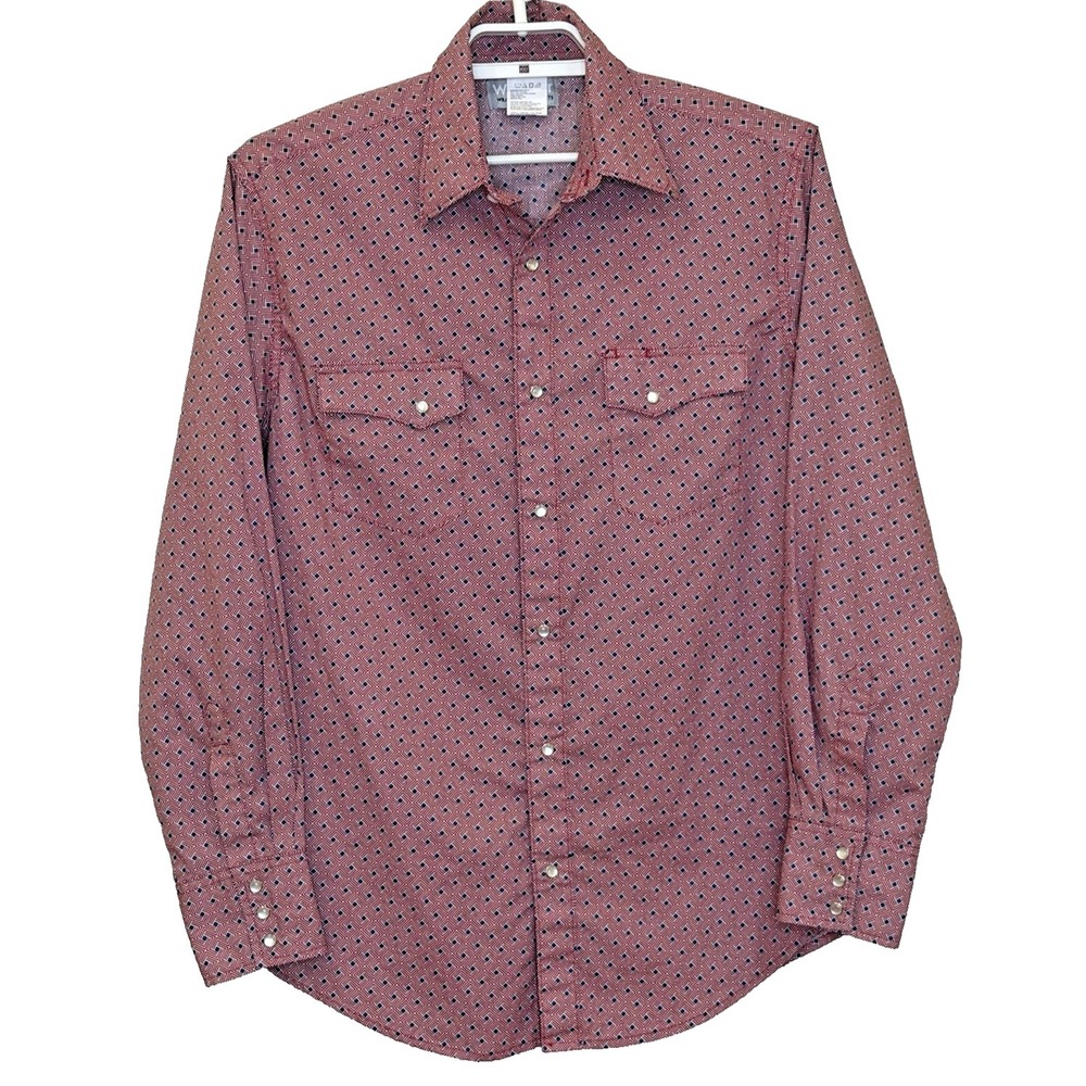 Wrangler‎ Wrancher Shirt Mens Medium Red White Blue Print Long Sleeve Pearl Snap